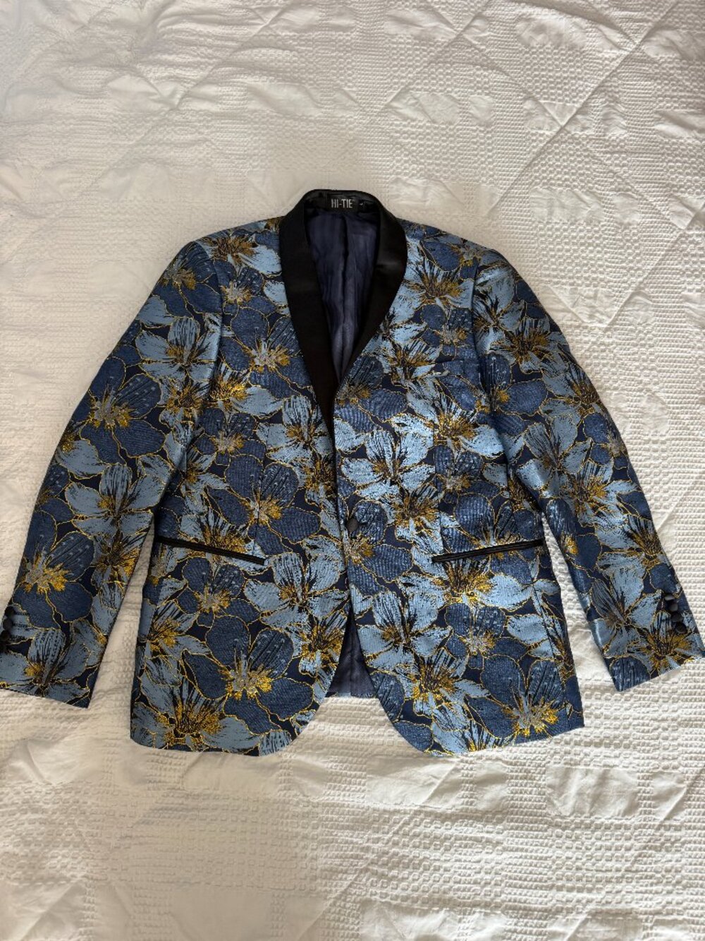 HI-TIE Men’s Floral Dinner Blazer Jacket Blue Gold Black Shawl Lapel Size L